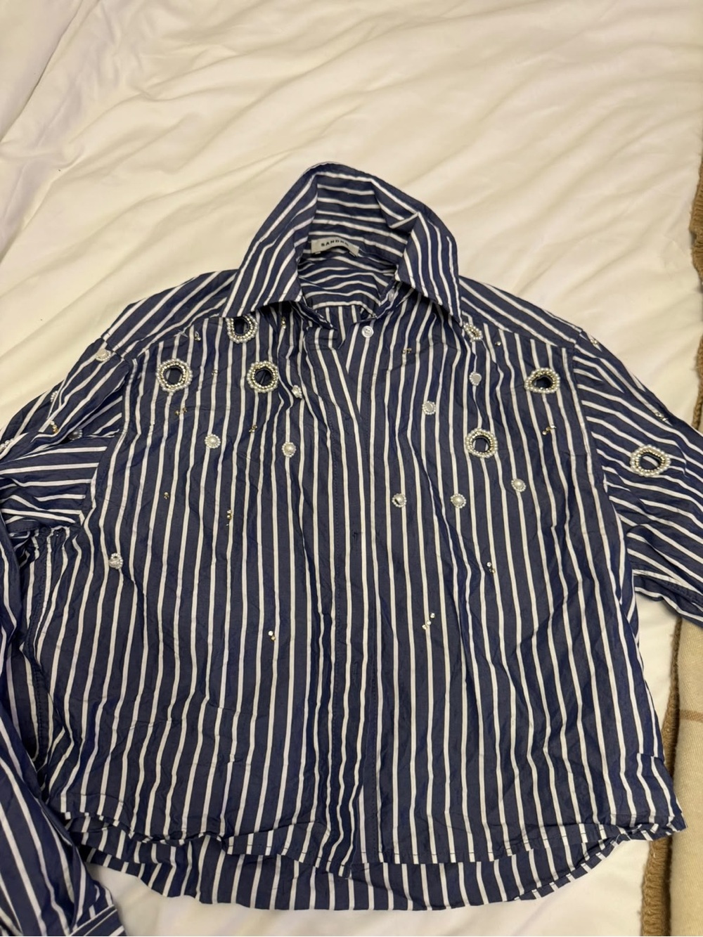 Sandro Navy and White Striped Button-Up Shirt with Embellished Eyelets